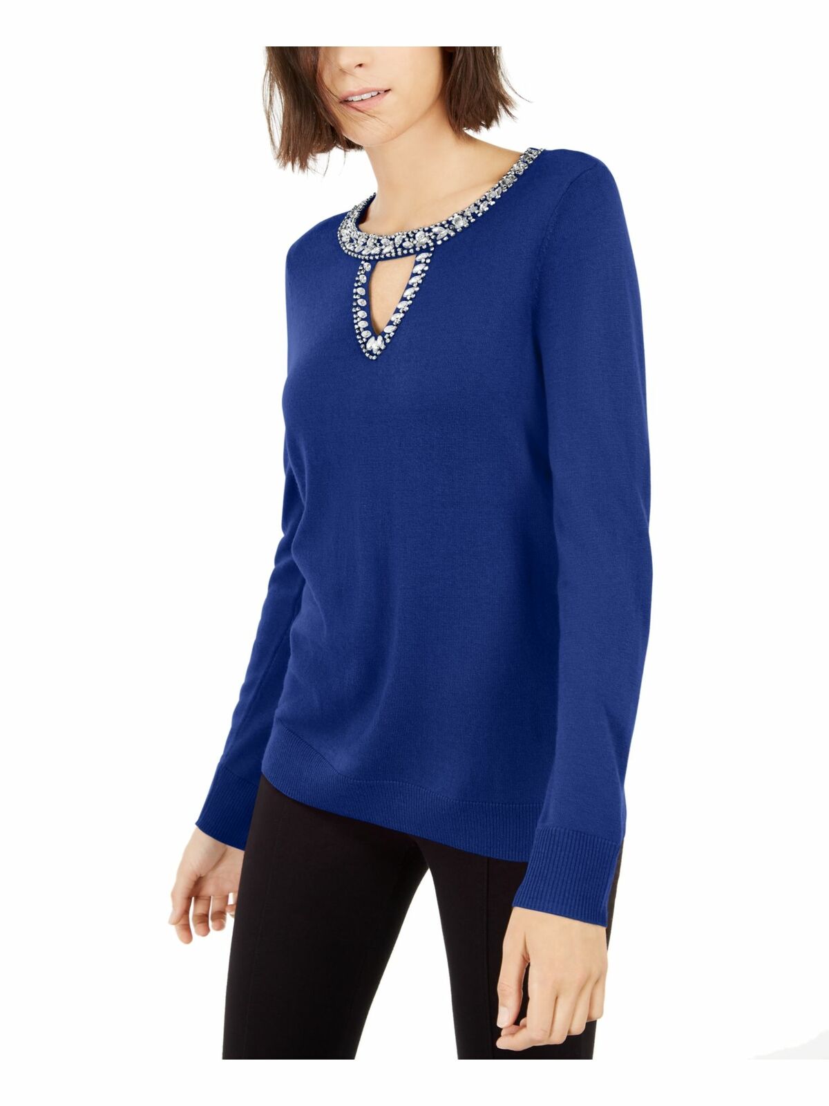 Suéter feminino com decote em V e botões da INC International Concepts, azul-marinho, tamanho X-S