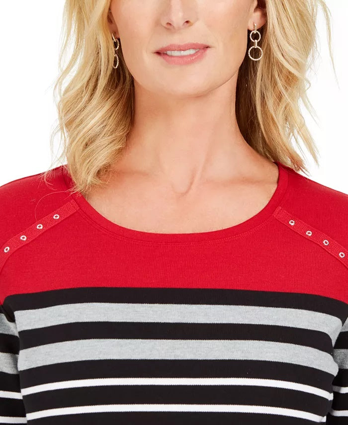 Karen Scott Sport Feminino Listrado Colorblocked com Ilhós Vermelho Brilhante Tamanho Extra Pequeno