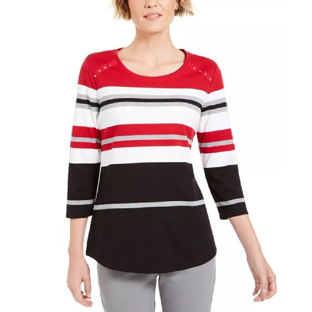 Karen Scott Top Listrado Feminino Petite Embelezado Vermelho Tamanho P