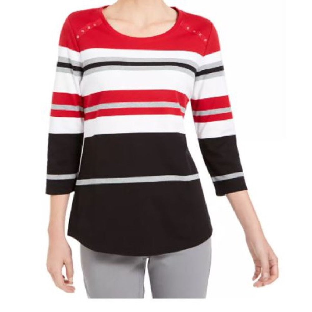 Karen Scott Top Listrado Feminino Petite Embelezado Vermelho Tamanho P