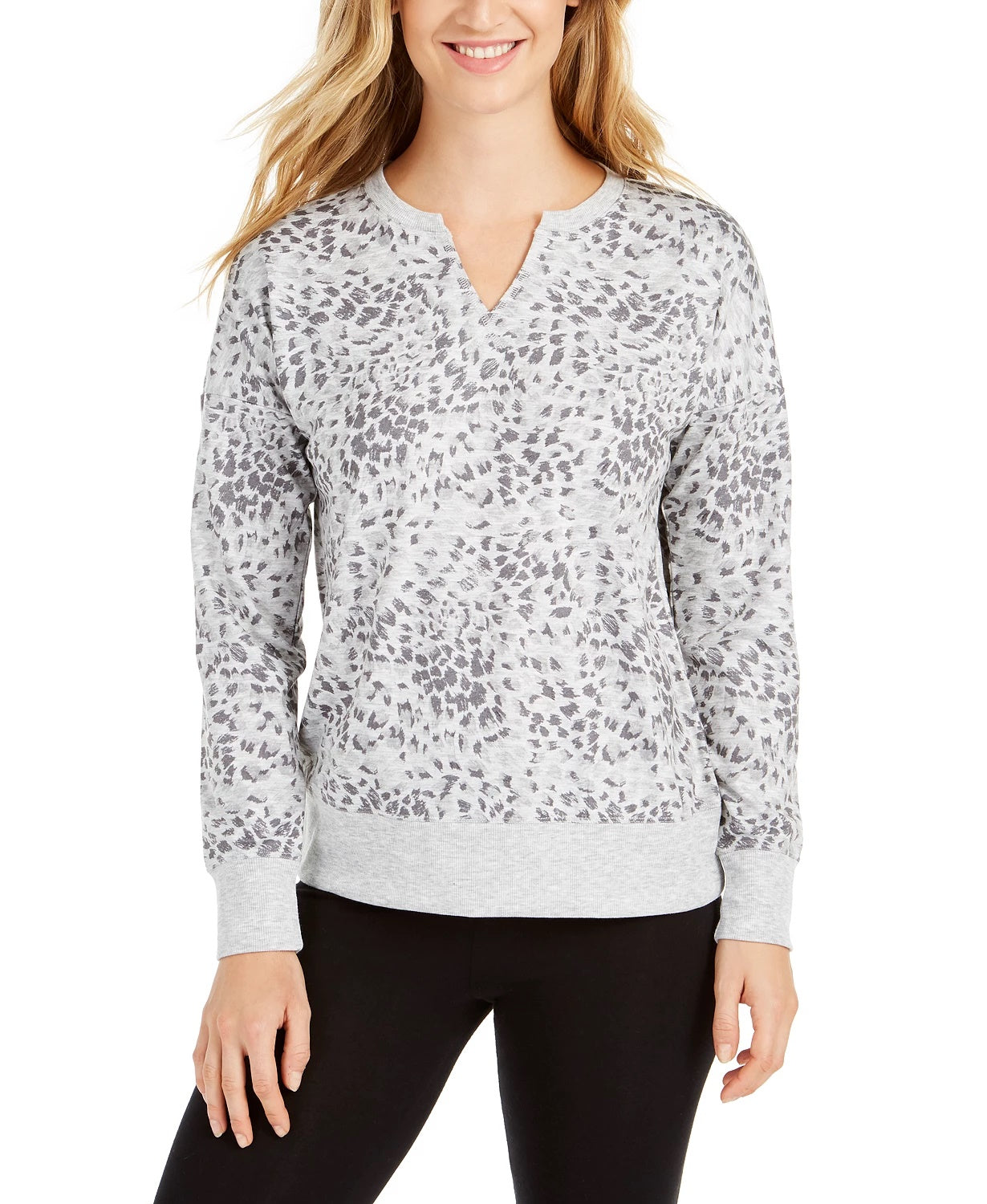 Blusa feminina estampada com decote aberto, tamanho grande, cinza, da Ideology