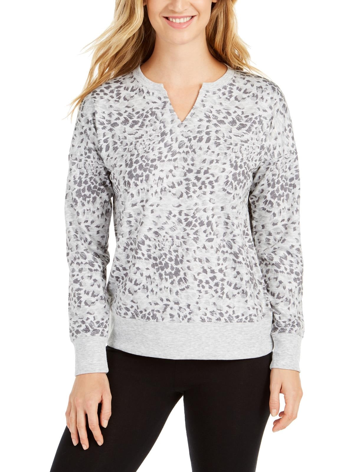 Blusa feminina estampada com decote aberto, tamanho pequeno, cinza