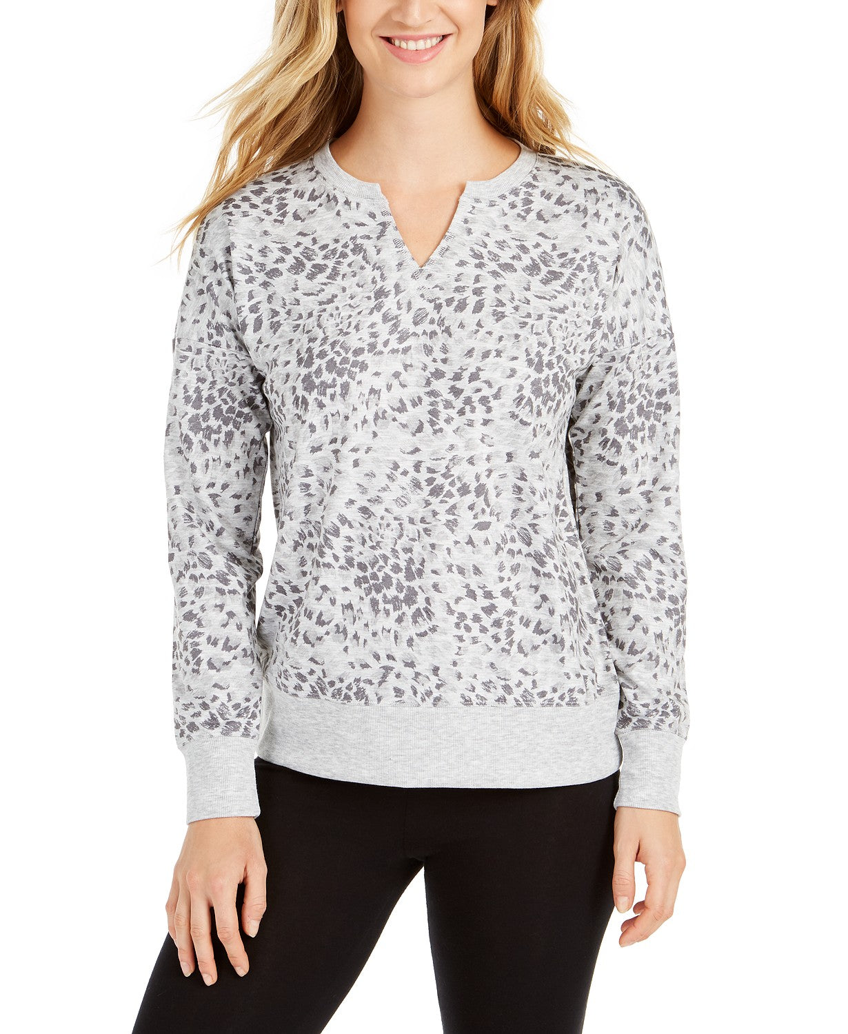Blusa feminina estampada com decote aberto, tamanho extra grande, cinza