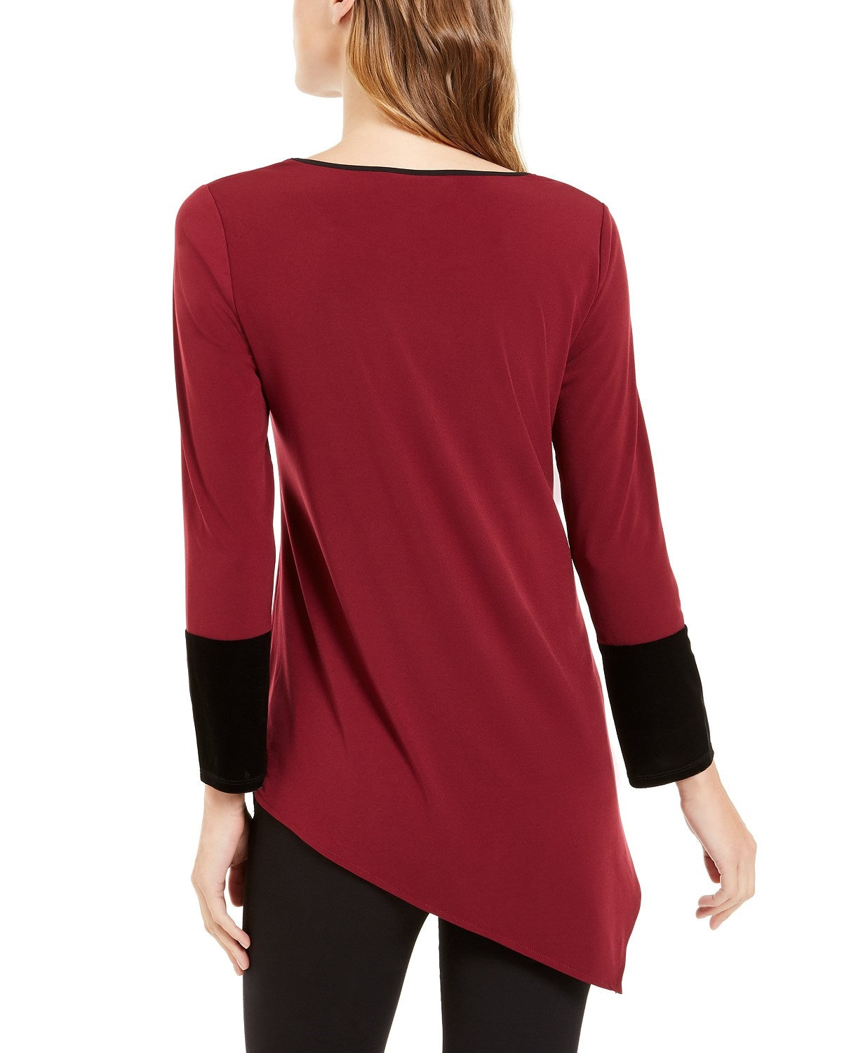 Blusa Alfani Feminina Petite Assimétrica com Barra Colorida e Blocos de Cor, Tamanho Vinho Petite Médio