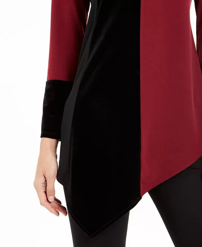 Blusa Alfani Feminina Petite Assimétrica com Barra Colorida e Blocos de Cor, Tamanho Vinho Petite Médio