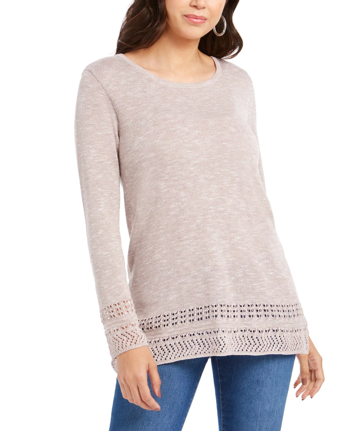 Suéter túnica mesclado com acabamento em pontilhado feminino Style &amp; Co, bege, tamanho grande