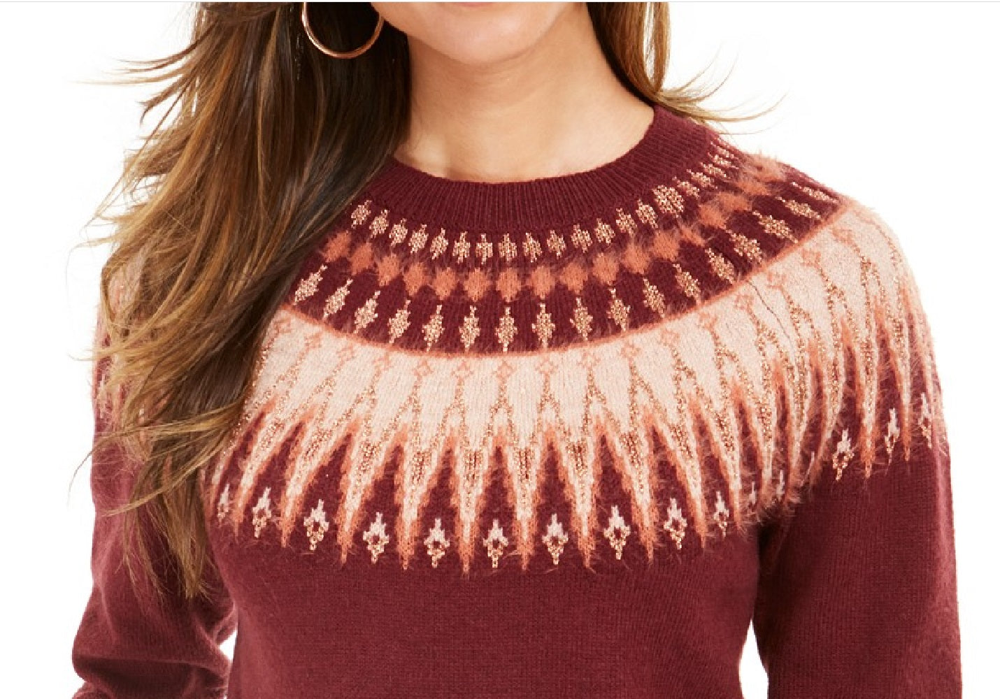 Suéter feminino de gola redonda Fair Isle da Style &amp; Co, tamanho médio, vinho