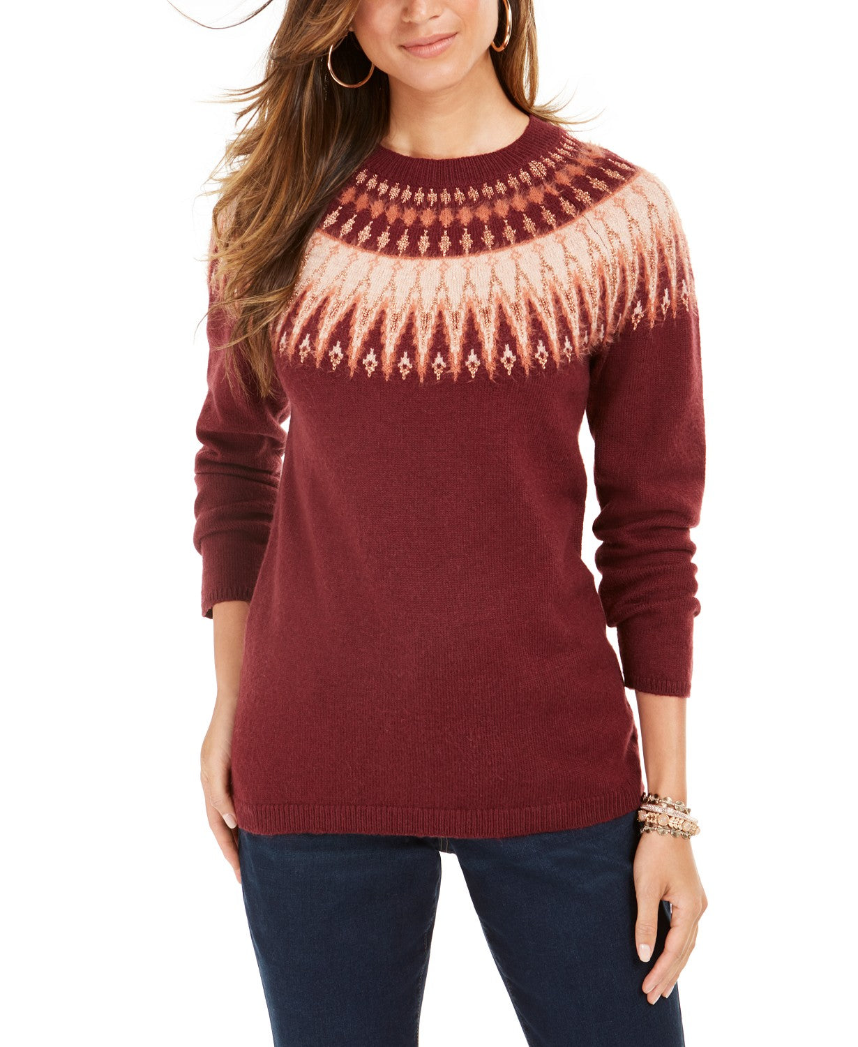 Suéter feminino de gola redonda Fair Isle da Style &amp; Co, tamanho médio, vinho