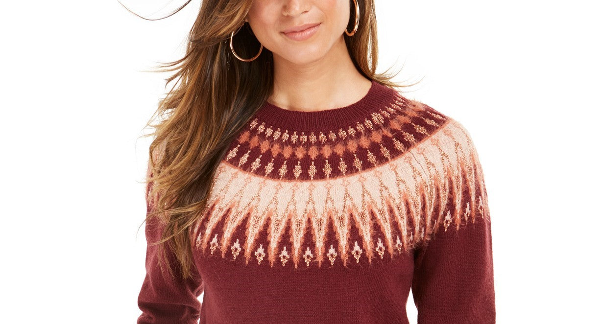 Suéter feminino Fair Isle com gola redonda, vermelho, tamanho pequeno, estilo &amp; co