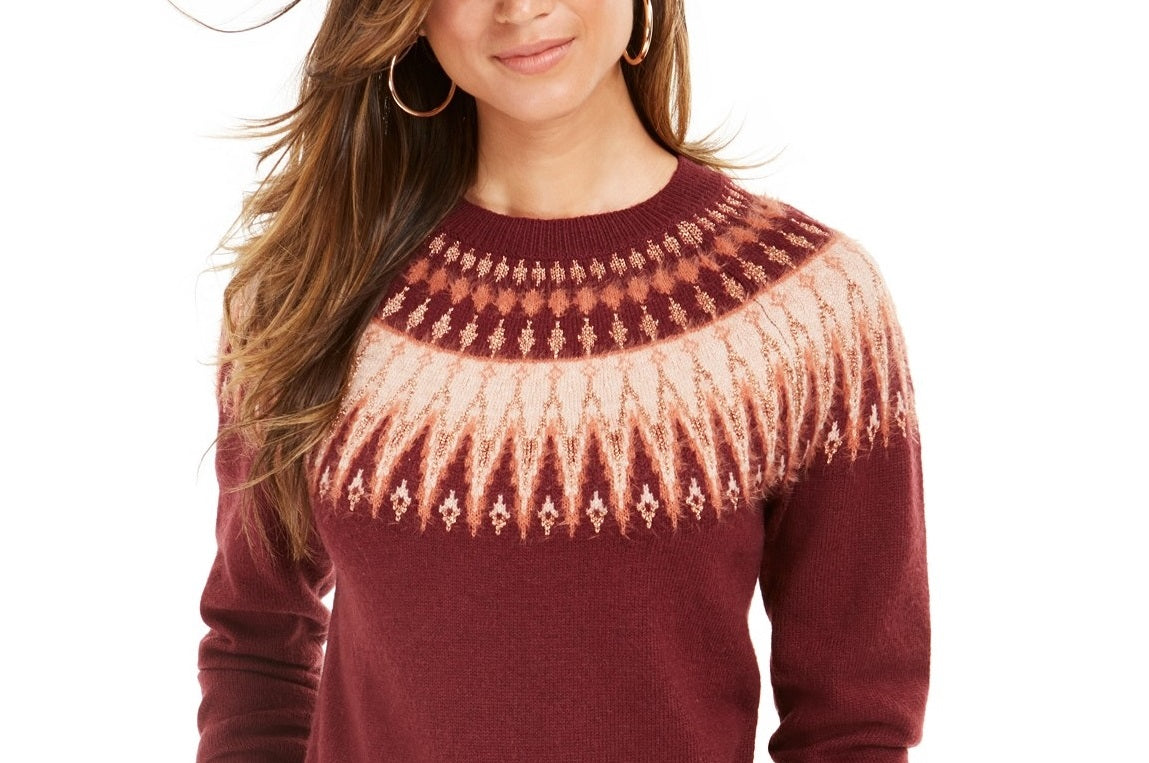 Suéter feminino Fair Isle com gola redonda, tamanho extra grande, vermelho, estilo &amp; co