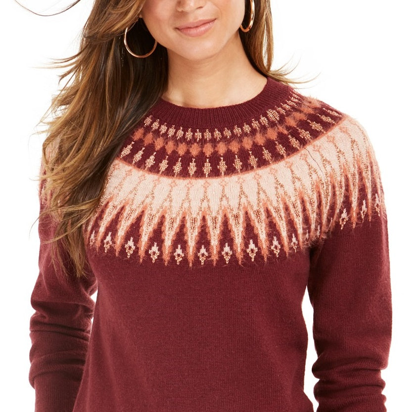 Suéter feminino Fair Isle com gola redonda, vermelho, tamanho X-S
