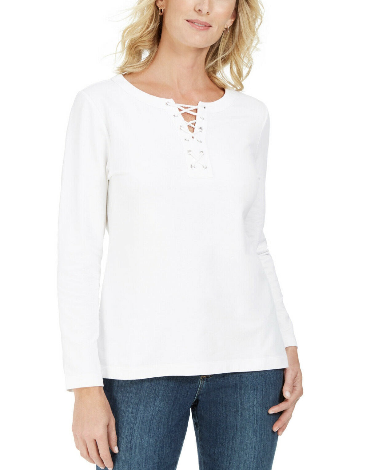 Moletom feminino Karen Scott French Terry com cadarço, branco, tamanho médio