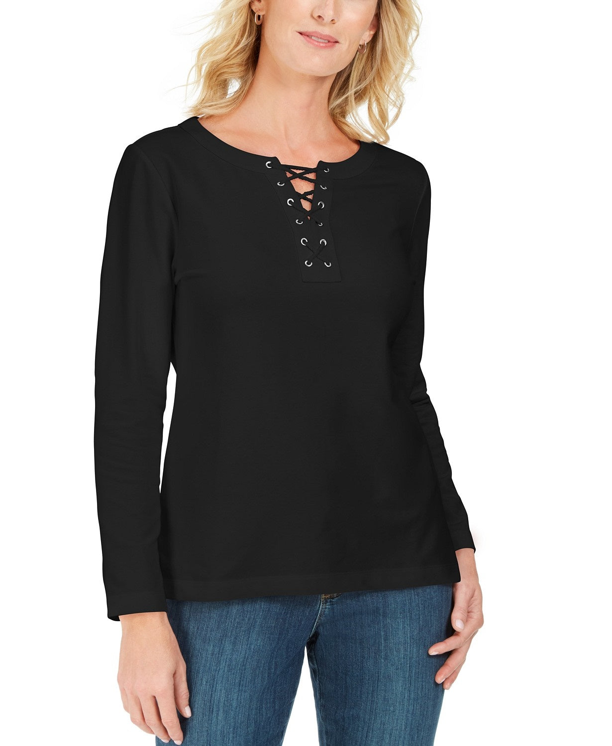 Moletom feminino Karen Scott French Terry com cadarço, preto, tamanho grande