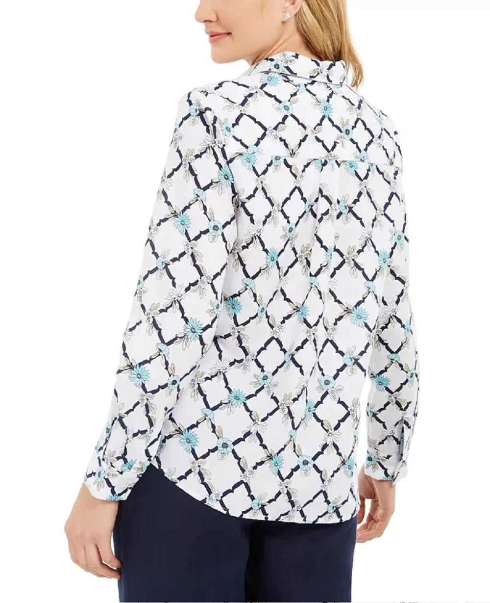 Camisa feminina estampada em linho Charter Club, branca, tamanho médio