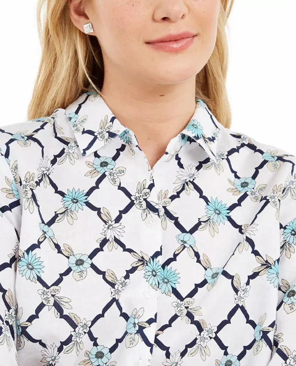 Camisa feminina estampada em linho Charter Club, branca, tamanho pequeno
