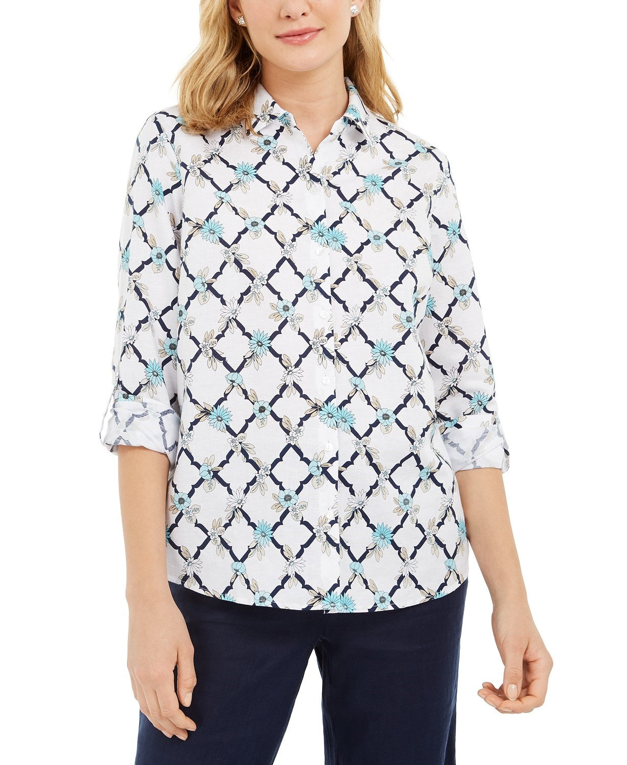 Camisa feminina estampada em linho Charter Club, branca, tamanho 2, extra grande