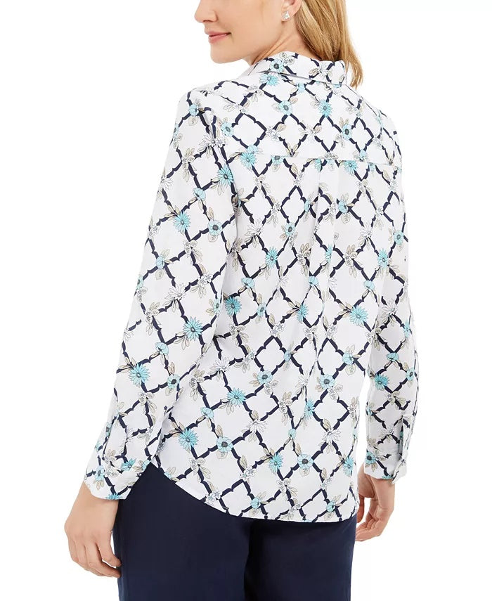 Camisa feminina estampada em linho Charter Club, branca, tamanho 2, extra grande