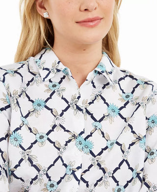 Camisa feminina estampada em linho Charter Club, branca, tamanho 2, extra grande