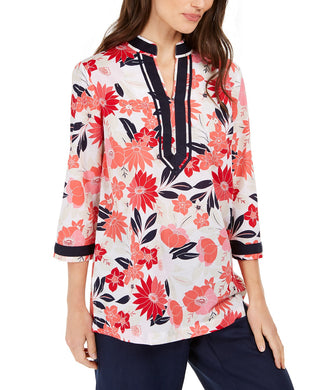 Charter Club Women's Contrast-Trim Printed Linen-Blend Top Red Size X-Small