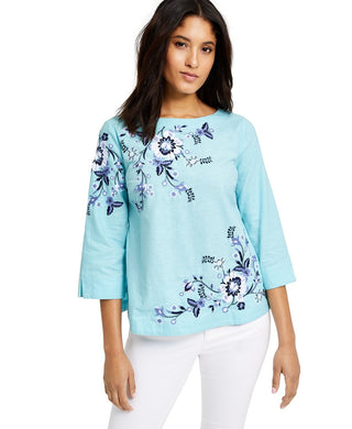 Blusa feminina Charter Club com bordado floral e mistura de linho, azul, tamanho extra grande