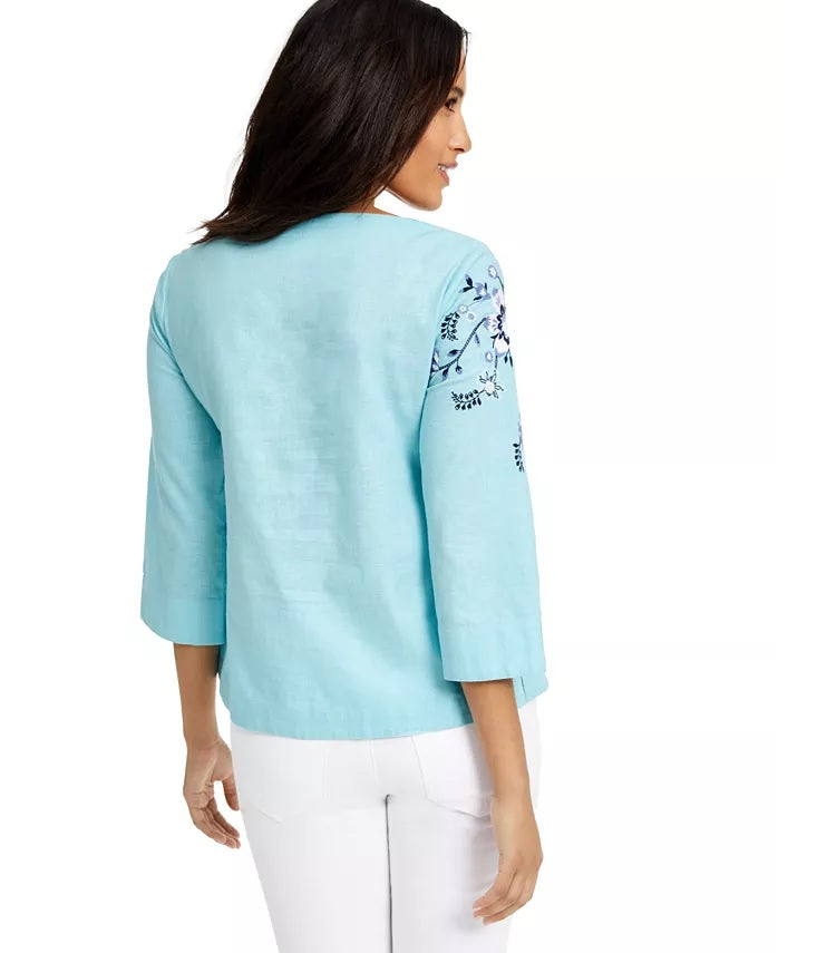 Blusa feminina Charter Club com bordado floral e mistura de linho, azul, tamanho extra grande