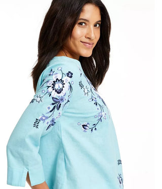 Blusa feminina Charter Club com bordado floral e mistura de linho, azul, tamanho extra grande