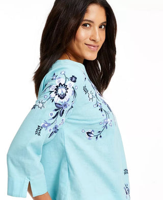 Charter Club Women's Floral-Embroidery Linen-Blend Top Blue Size Small