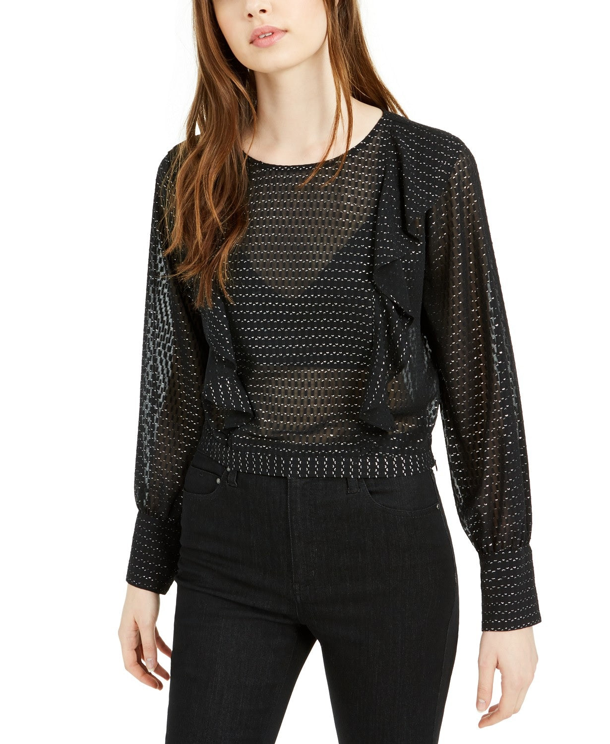 Blusa feminina Bar III com babados e bolinhas metálicas, manga comprida, preta, tamanho extra pequeno