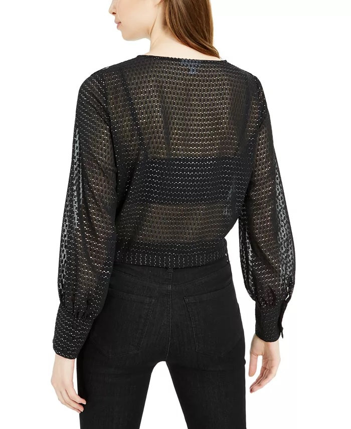 Blusa feminina Bar III com babados e bolinhas metálicas, manga comprida, preta, tamanho extra pequeno