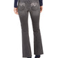 Calça jeans feminina estilo bootcut com bolso bordado e lavagem clara, preta, tamanho 18