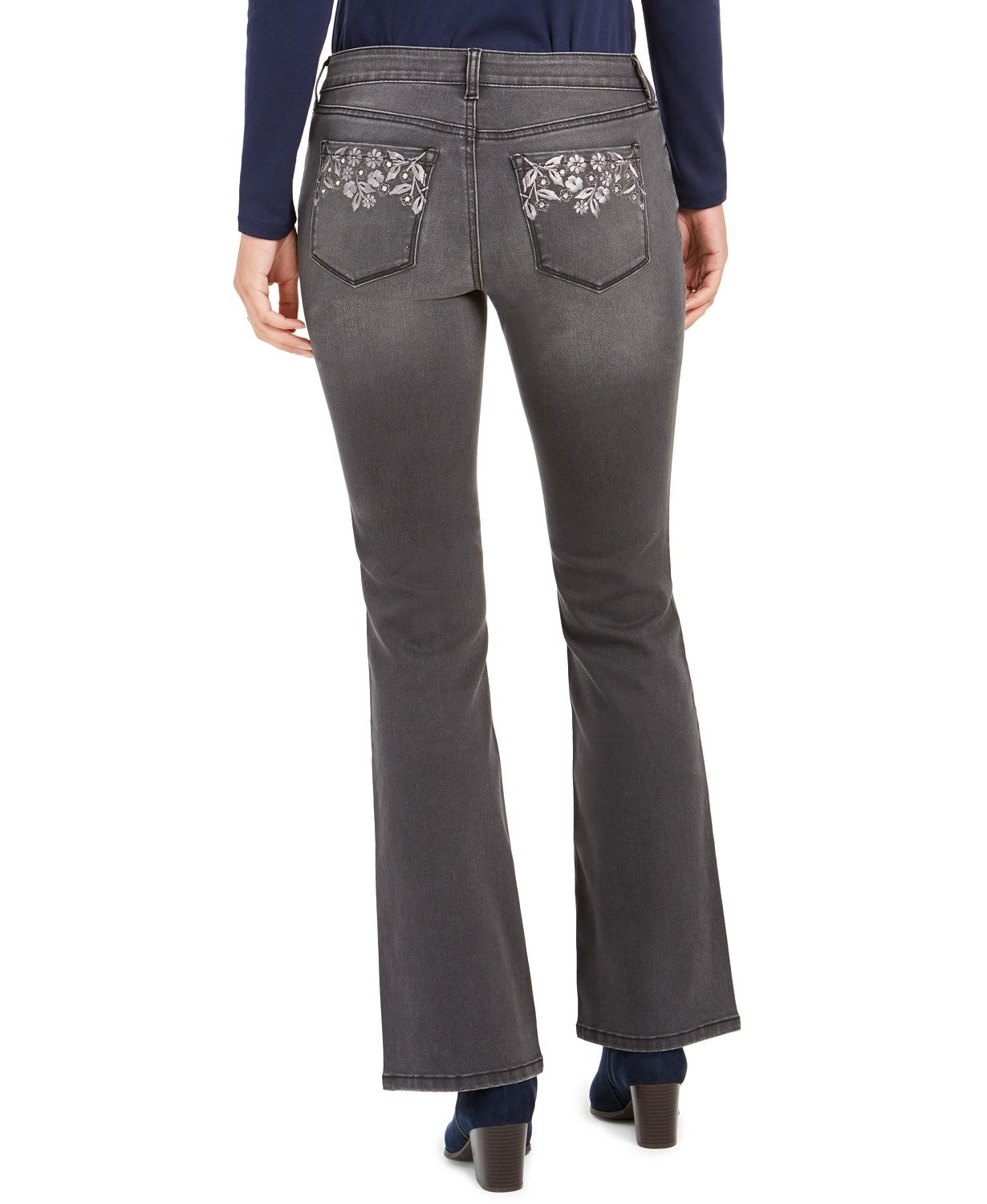 Calça jeans feminina estilo bootcut com bolso bordado e lavagem clara, preta, tamanho 18