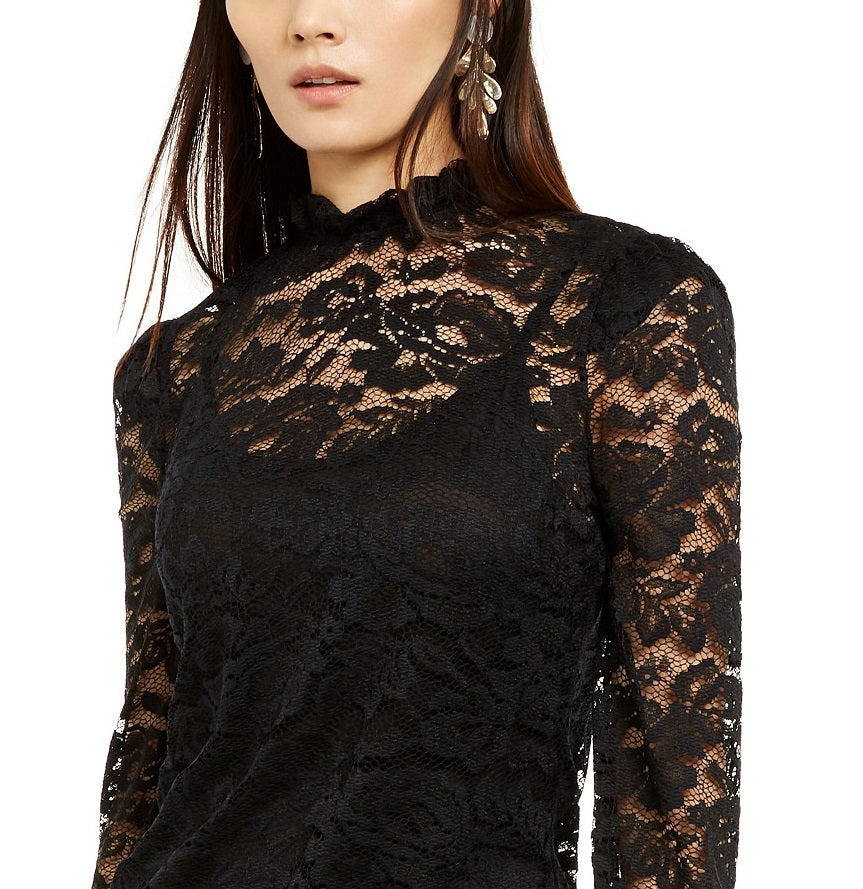 INC International Concepts Top feminino de gola alta com renda pequena, preto, tamanho médio