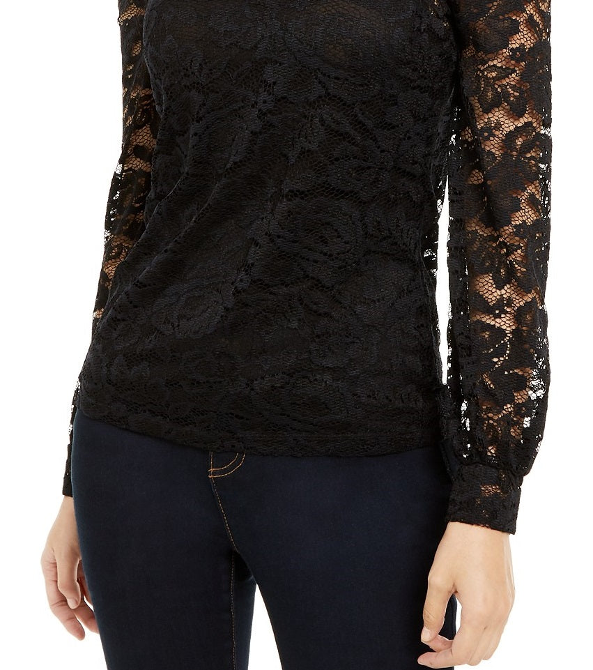 INC International Concepts Top feminino de gola alta com renda pequena, preto, tamanho médio