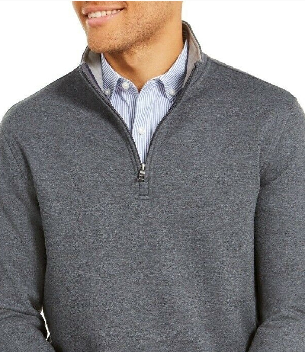 Moletom masculino Club Room de lã elástica com zíper 1/4 cinza escuro, tamanho pequeno