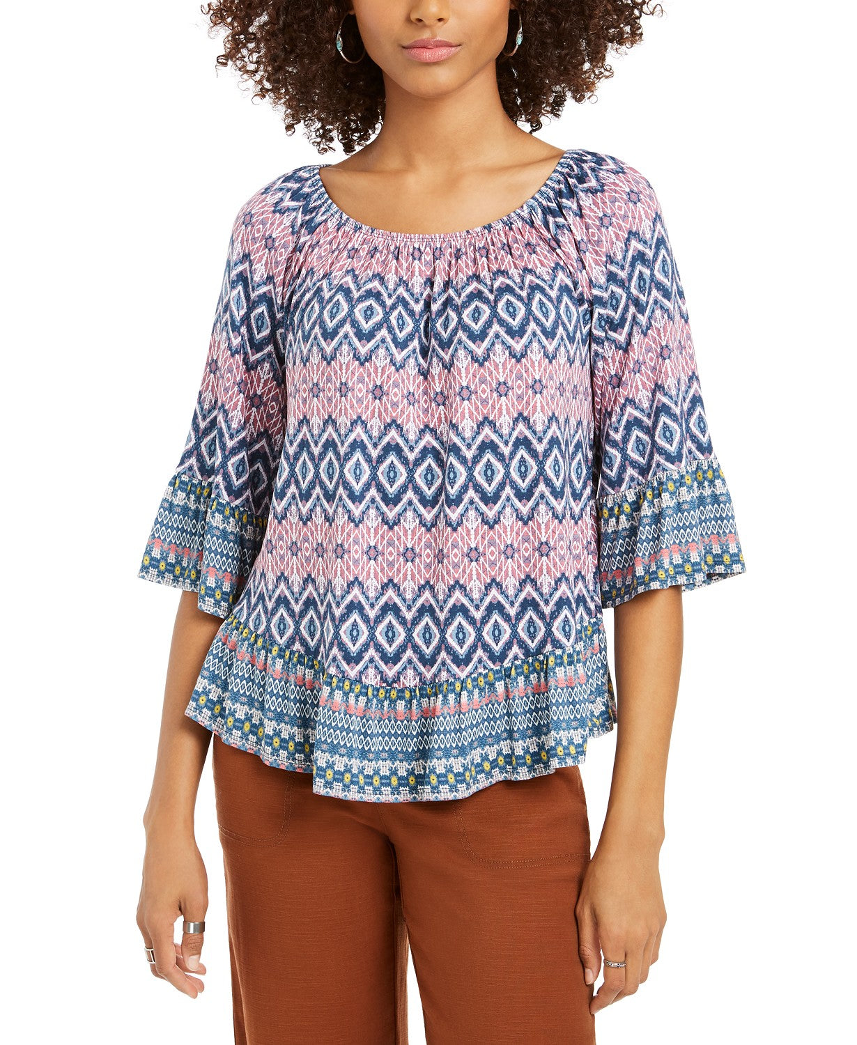 Blusa feminina estampada ombro a ombro/ombro a ombro, tamanho grande, azul, estilo &amp; co