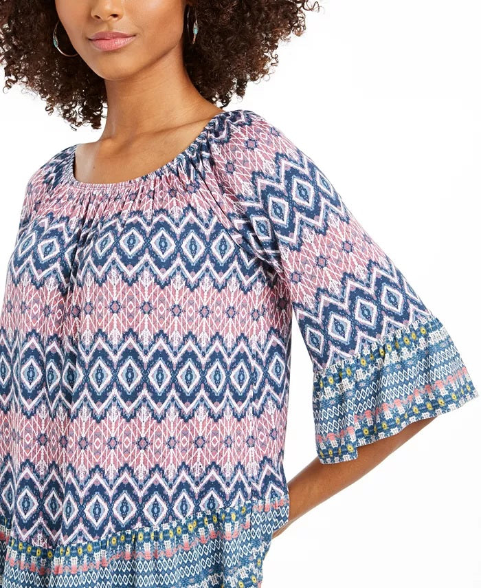 Blusa feminina estampada ombro a ombro/ombro a ombro, tamanho grande, azul, estilo &amp; co