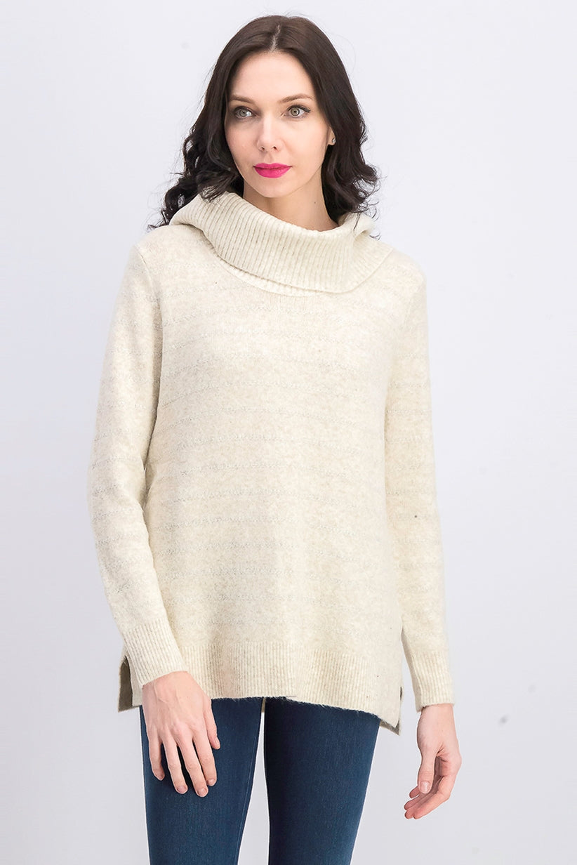 Suéter feminino de lurex com gola alta, bege claro, tamanho grande, estilo &amp; co