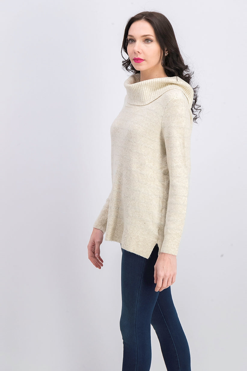 Suéter feminino de lurex com gola alta, bege claro, tamanho grande, estilo &amp; co