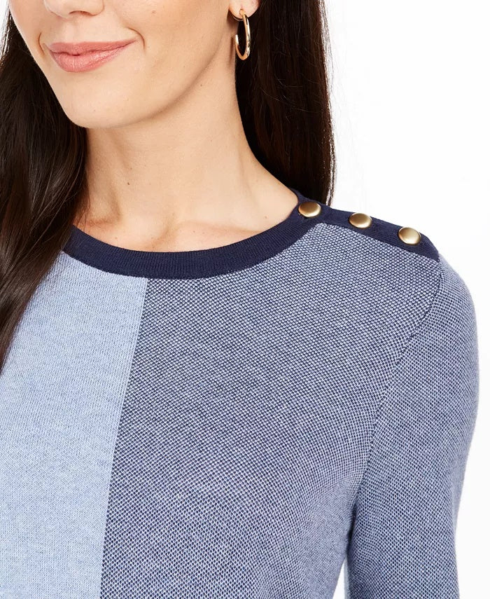 Suéter feminino com botões e blocos de cores Charter Club, azul, tamanho grande