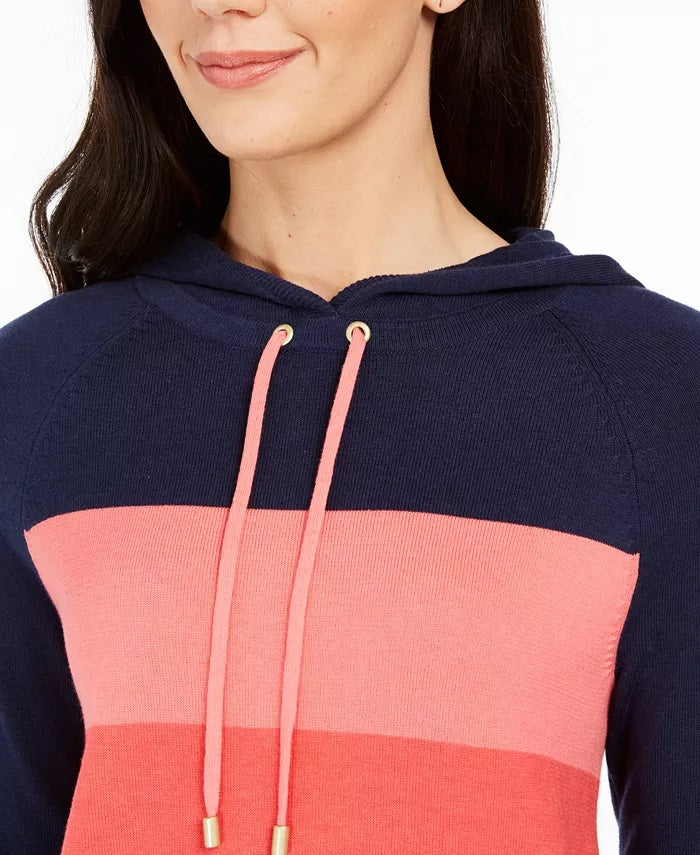 Suéter feminino listrado com capuz Charter Club, azul, tamanho grande