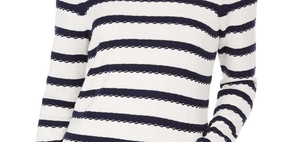 Charter Club Blusa feminina listrada com botões e ombros de fora, branca, tamanho pequeno