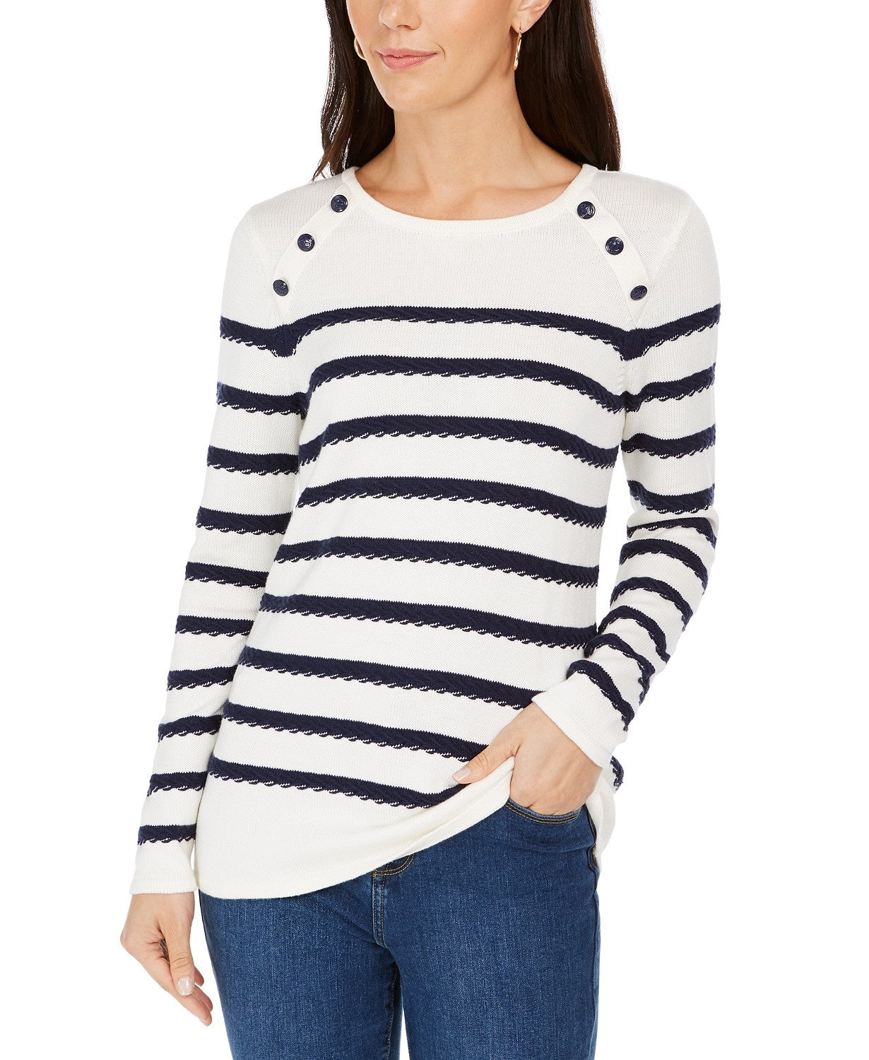 Charter Club Blusa feminina listrada com botões e ombros de fora, branca, tamanho 2, extra grande
