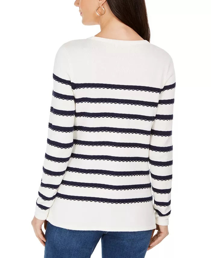 Charter Club Blusa feminina listrada com botões e ombros de fora, branca, tamanho 2, extra grande