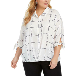 Blusa feminina Alfani Plus com estampa e mangas amarradas, branca, tamanho 0X