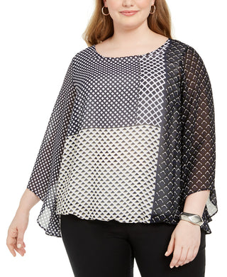 Blusa feminina Alfani Plus Size com estampa de manga anjo e bolhas, azul marinho, tamanho 0X