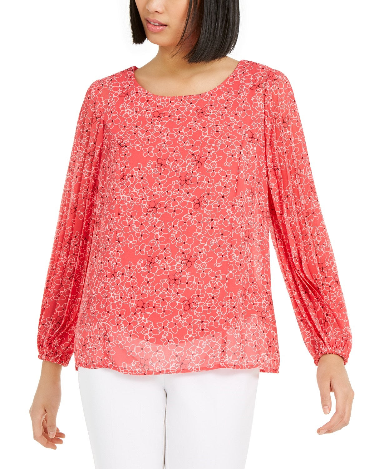 Blusa feminina Alfani Petite com estampa floral e manga plissada, rosa, tamanho pequeno pequeno