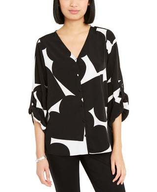 Camisa feminina Alfani com estampa de coração e manga franzida, preta, tamanho pequeno
