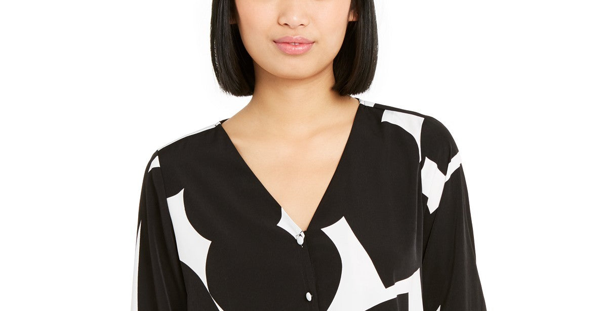 Camisa feminina Alfani com estampa de coração e manga franzida, preta, tamanho pequeno