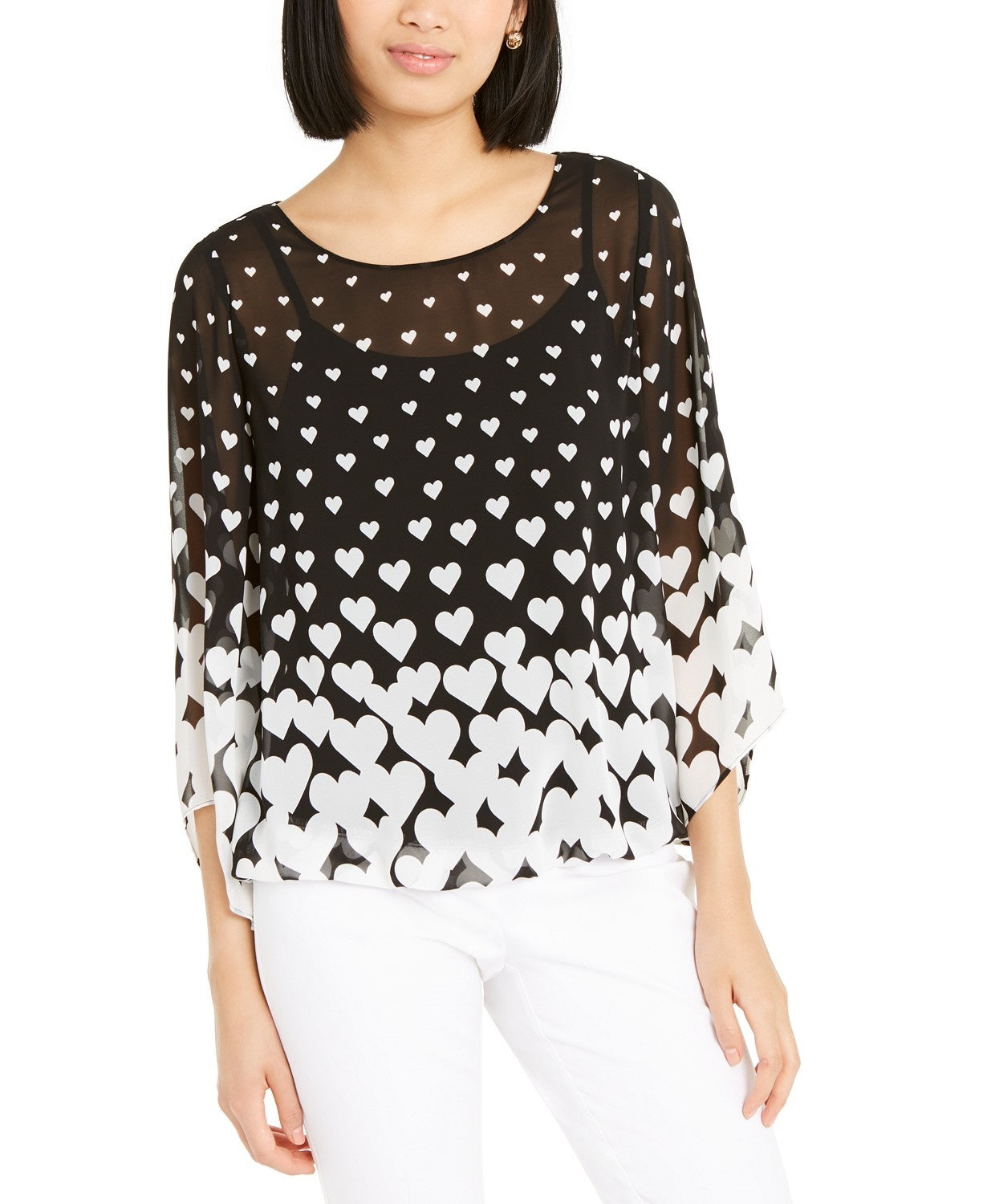 Blusa feminina Alfani com estampa de coração e manga de anjo, preta, tamanho grande