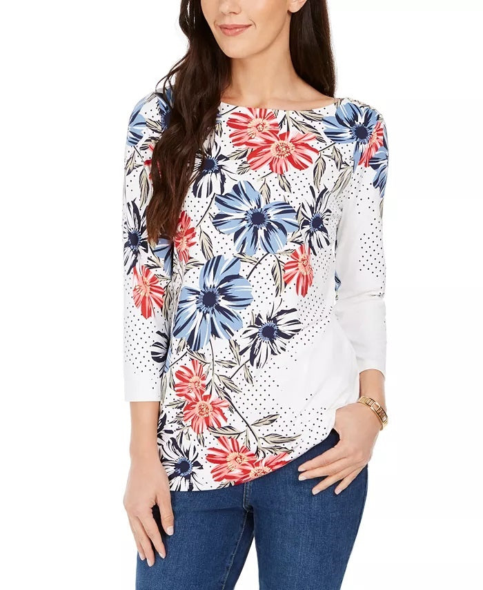 Blusa feminina Charter Club com estampa floral de bolinhas, branca, tamanho pequeno